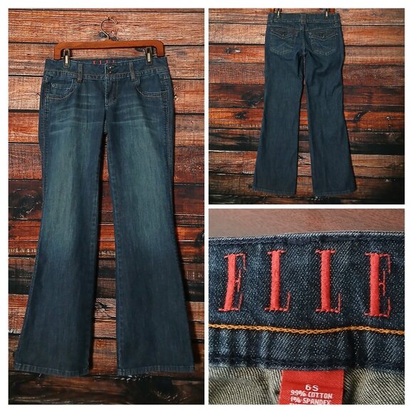 ELLE Jeans Size 6 Short Petite Boot Cut Flare Low Rise Dark Blue Denim Stretch - Picture 1 of 8